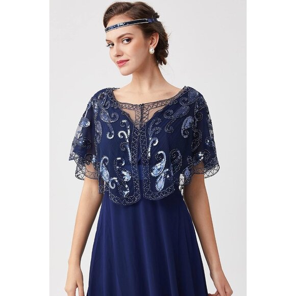 🆕 Women Blue Sequin Beaded Evening Cape Bridal Shawl Bolero Flapper Cover Up - Picture 2 of 6
